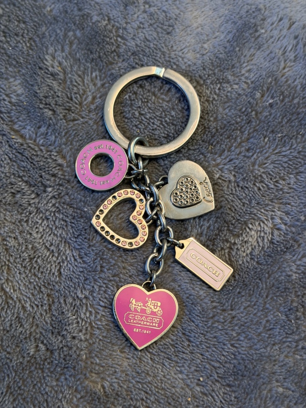 Coach Pink Enamel Heart Charm Keyring with Logo Tags
